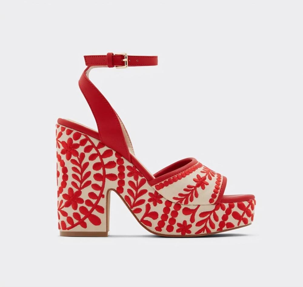 ALDO Red Embroidered Boho Platform Heels Pinup Shoes Size 6
